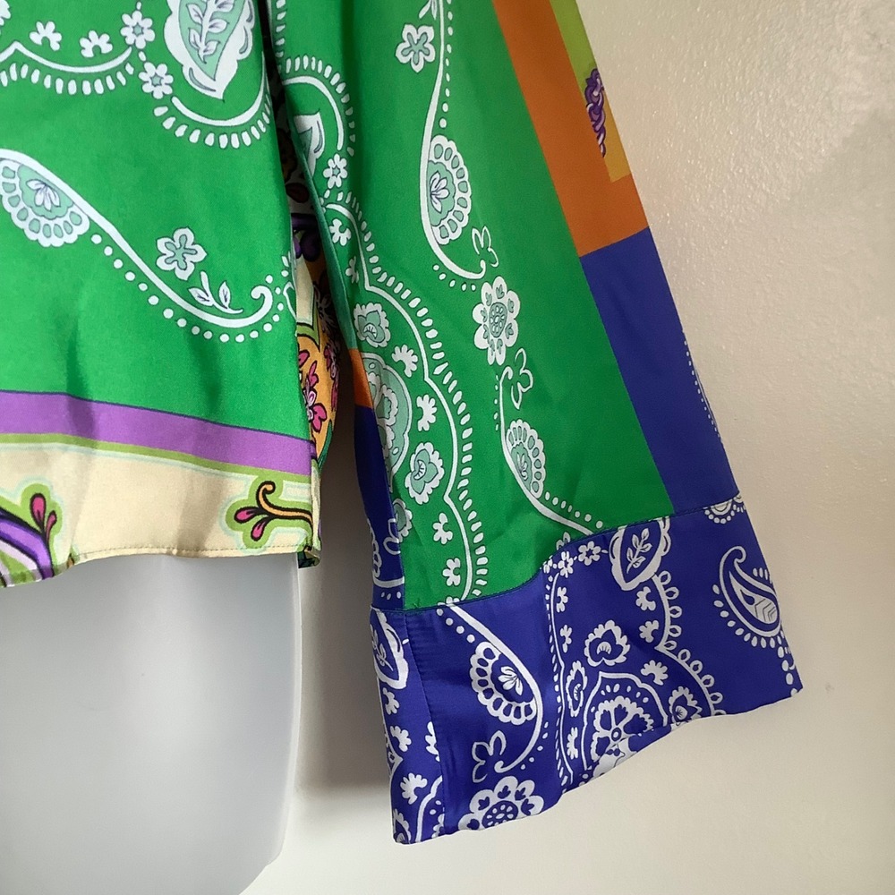 ZARA Womens Patchwork Scarf Print Satin Shirt Multi Color Paisley XL Crop Tie Fr - Picture 7 of 14